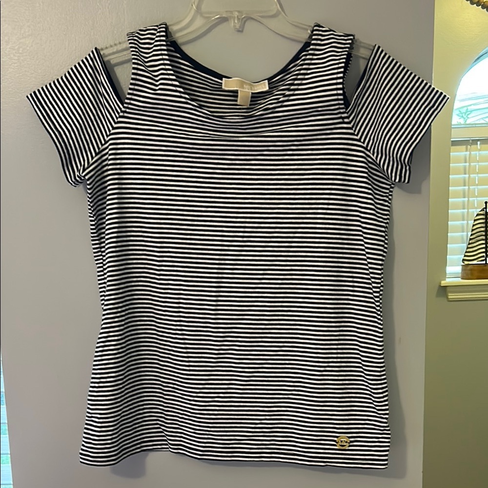 Michael Kors White and Navy Cold Shoulder Short Sleeve T-Shirt